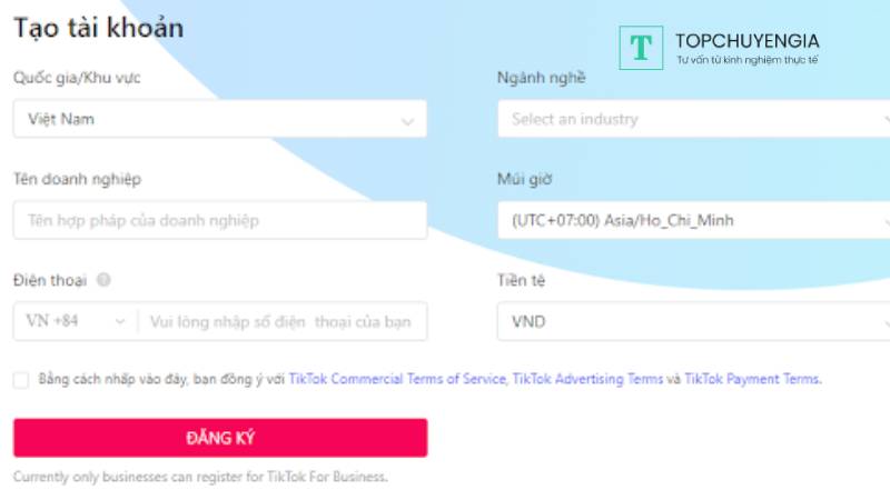 Bước 3: Nhập các thông tin cần thiết cho tài khoản quảng cáo TikTok